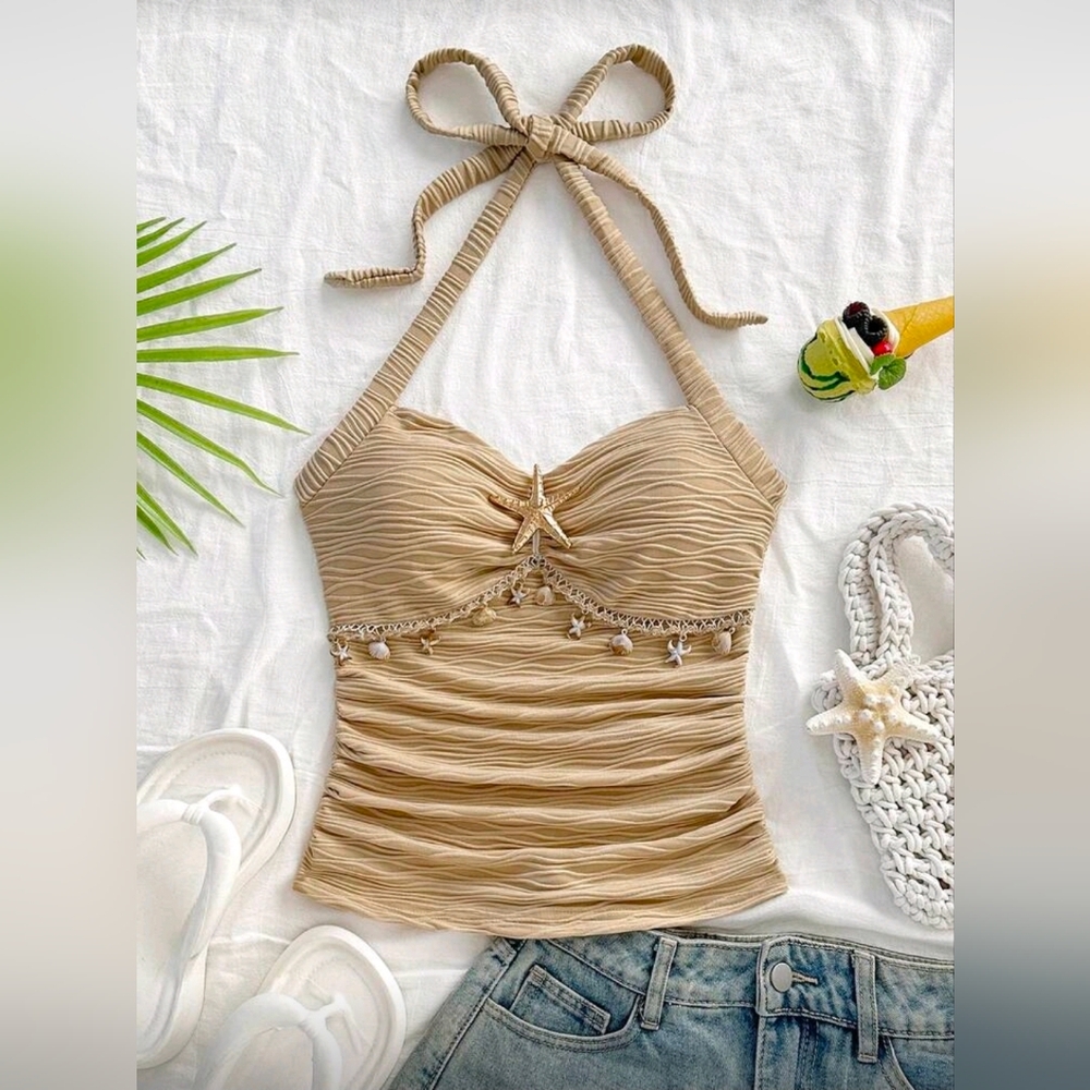 Soleia Tie Strap Starfish Shell Decor V-Neck Metal Buckle Knit Textured Halter - Picture 6 of 7